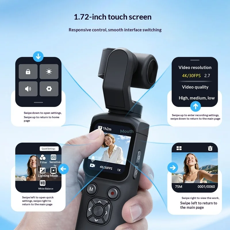 4k Handheld Action Camera 1 72 Inch Touch Screen 30fps Hd Pocket Gimbal Camera Face Tracking For Outdoor Travel Photography