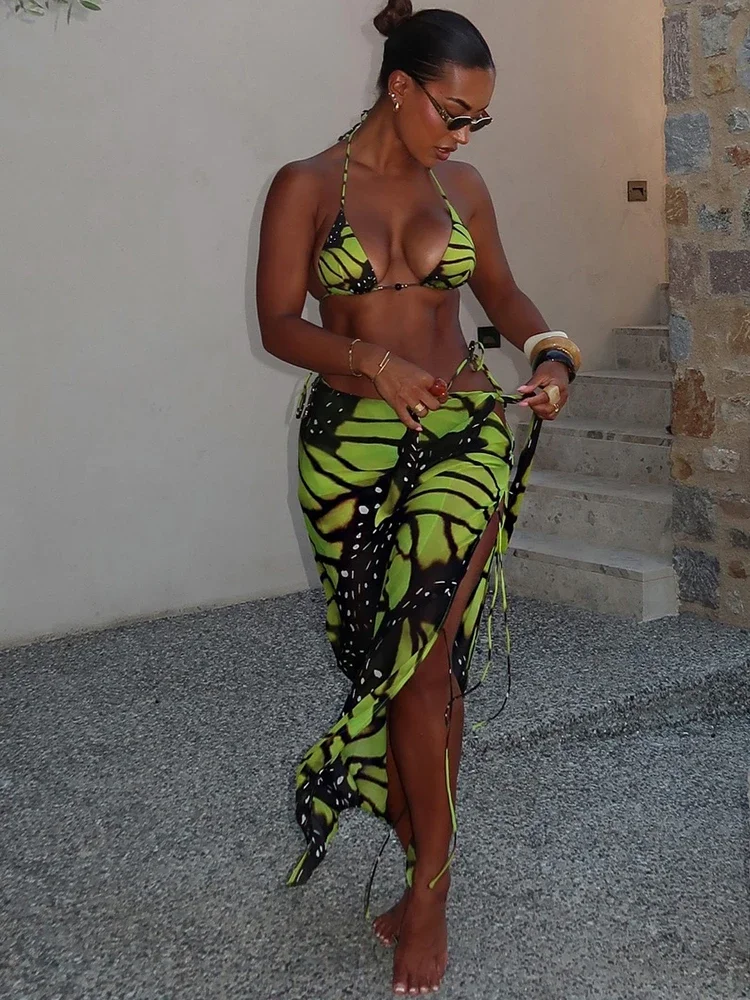 Beach Vacation Women 3Piece Set Mesh Thin Sexy Y2K Print Halter Bra+Thong+Wrapped Maxi Split Skirts Matching Swimsuit
