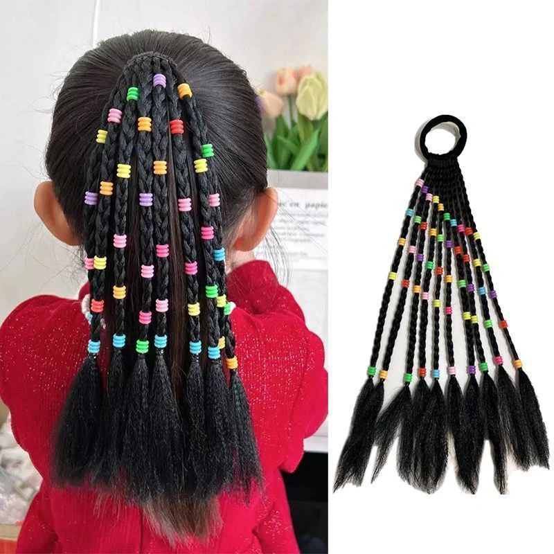 16inch Ponytail Extensions with Colorful Beads  High-Stretch Straight Synthetic Hair Pigtails, Fine Hand Woven