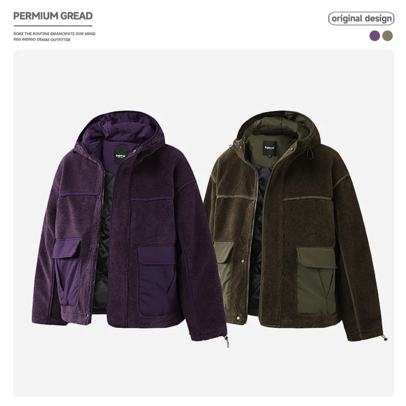 

Japanese Retro Multi - Pocket Outdoor Workwear Men's Winter Hooded Spliced Fleece Jacket