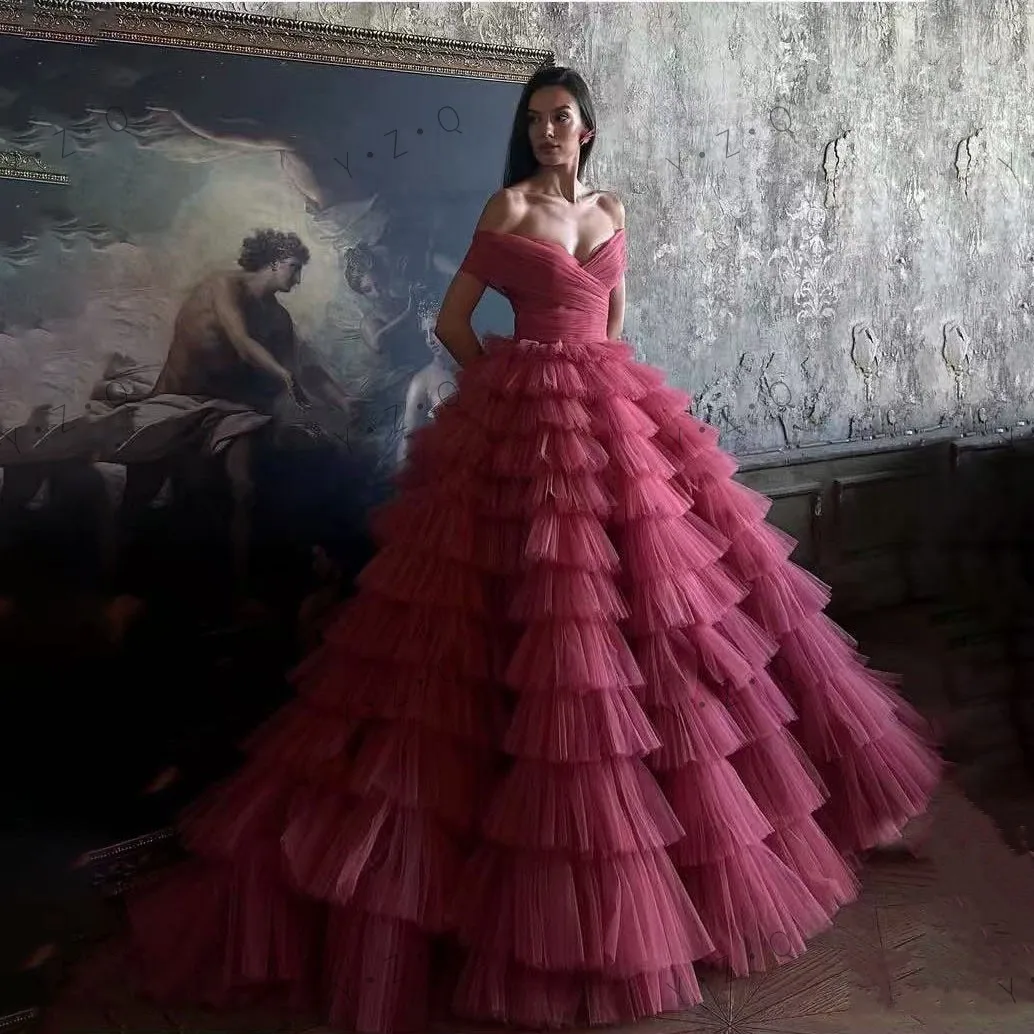 

Luxury Burgundy Tulle Evening Gown Off Shoulder Cake Stacking Trimmed Formal Dress Ruffled Lush Floor Length Wedding Party Dress