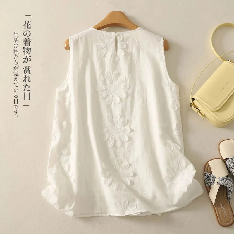 Elegant Vests O-neck Loose Casual Korean Style Sleeveless Tops Flower Embroidery Shirts 2026 New Summer Sale Women Clothing