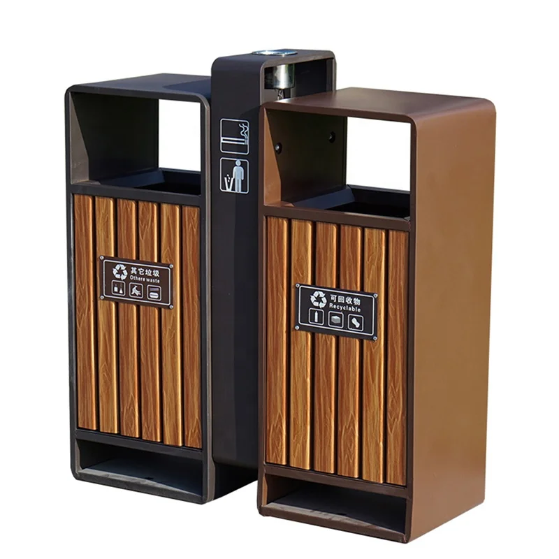 Modern New Design Plastic Wood Steel Recycle Bin Discount Commercial Wooden Trash Can