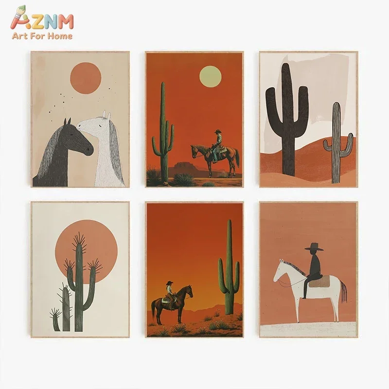 AZNM Boho Desert Cowboy Canvas Print, Saguaro Cactus Horse Sunset Retro Illustration Unframed Canvas Painting, Western Rustic Wa