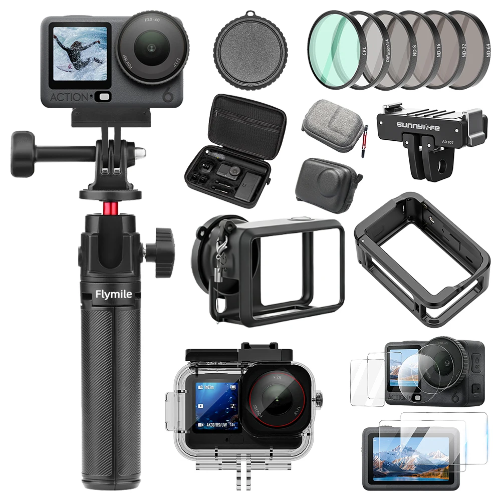 

For DJI Osmo Action 6 Screen Protector Glass,Lens Cap, ND Filter, Frame Cage, Underwater Dive Case, Storage Bag Accessories Kit