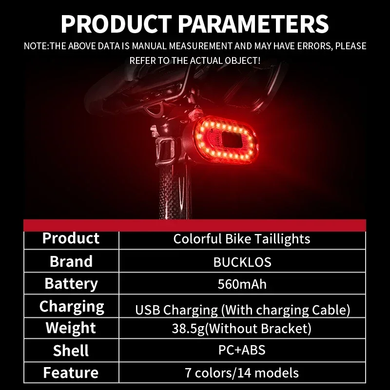 BUCKLOS Bicycle Taillight Multicolor Road Bike Night Warning Rear Light USB Rechargeable Waterproof MTB Ringding Warning Lamp