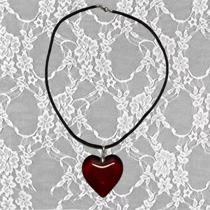 Big Red Glass Heart Pendant Black String Necklace For Women Pink Green Red AB Purple Crystal Stone Lovely Y2K Pendant Jewelry