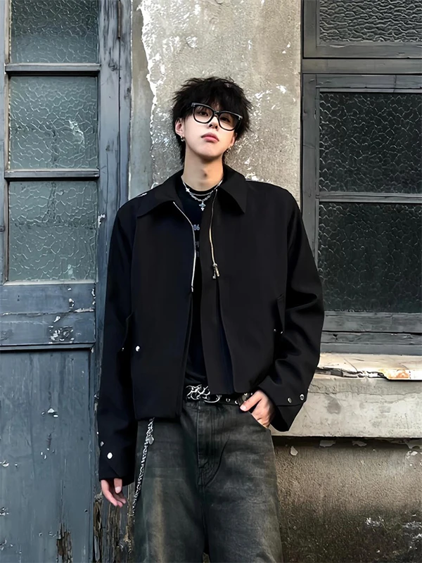 

k Sle oulder Pad Jaet Men's Slim Fit Bla High-End Feelings Zipper Decorated Casual Youth ular Outerwear