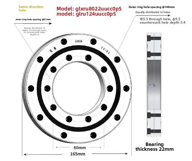 RU124UUCC0P5 Same Direction Hole Inner Ring Hole Distance ф97mm Bearing Thickness 22mm Cross Roller Bearing