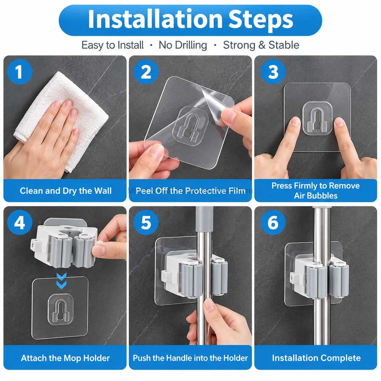 Wall Mounted Mop Broom Holder Self Adhesive No Drill Storage Rack Waterproof Cleaning Tool Organizer for Bathroom Home - view 5