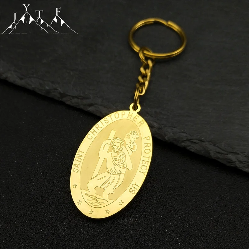 Christian Jesus Saint Christopher Protect Us Key Chain For Women Men Stainless Steel Gold Color Oval Punk Key Ring Party Jewelry