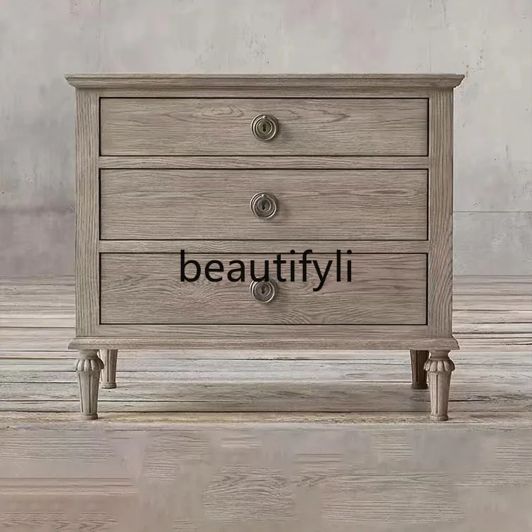

French Retro Solid Wood Bedroom Home Bedside Table American Oak Bedside Cabinet