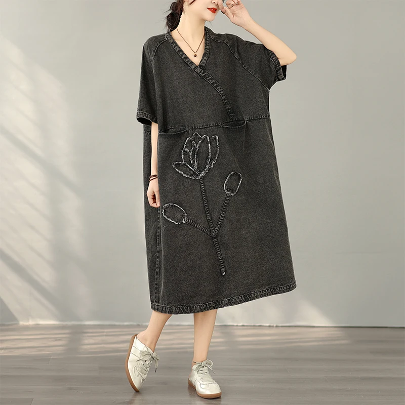 Casual Oversized Jeans Print Maxi Dress Women High Waist Denim Skirt Loose Fit Summer Fashion plus Size Clothing High Waist