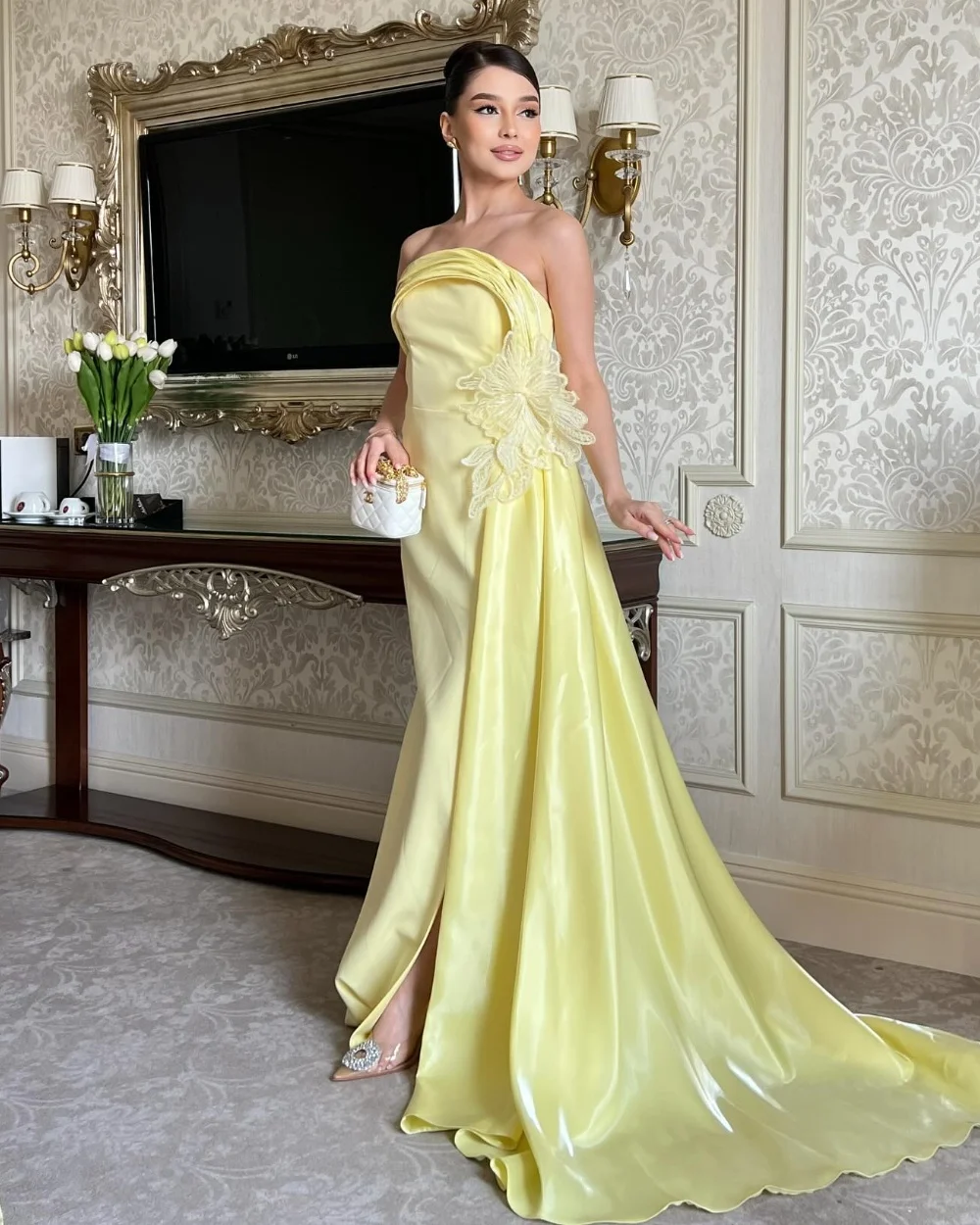

Customized Fashion High Quality Jersey Handmade Flower Ruched Straight Strapless Long Dresses Bespoke Occasion Dresses Elegant
