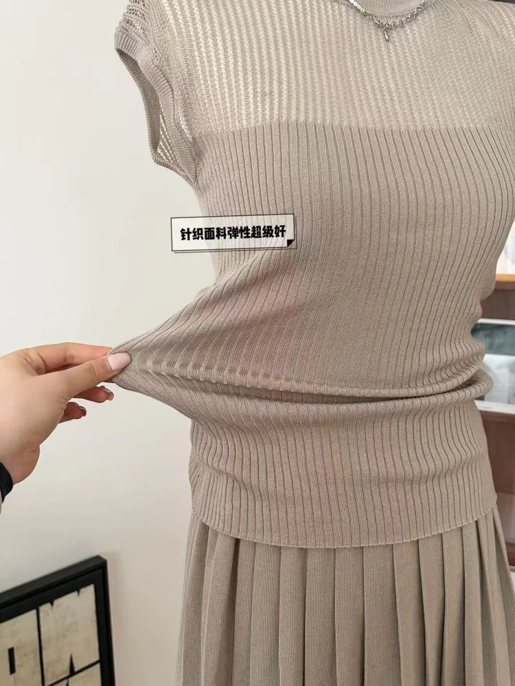 2025 novos conjuntos de correspondência oco para fora camisa de malha feminina temperamento magro topos + saia curta plissada 2 peças conjuntos mulher outfit