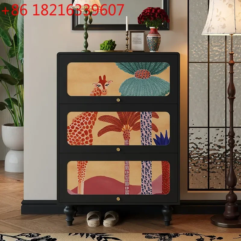 YAOAbstract Oil Painting Shoe Cabinet Entryway Storage Solid Wood Wall Mounted Living Room Organizer Functional Entrance Locker