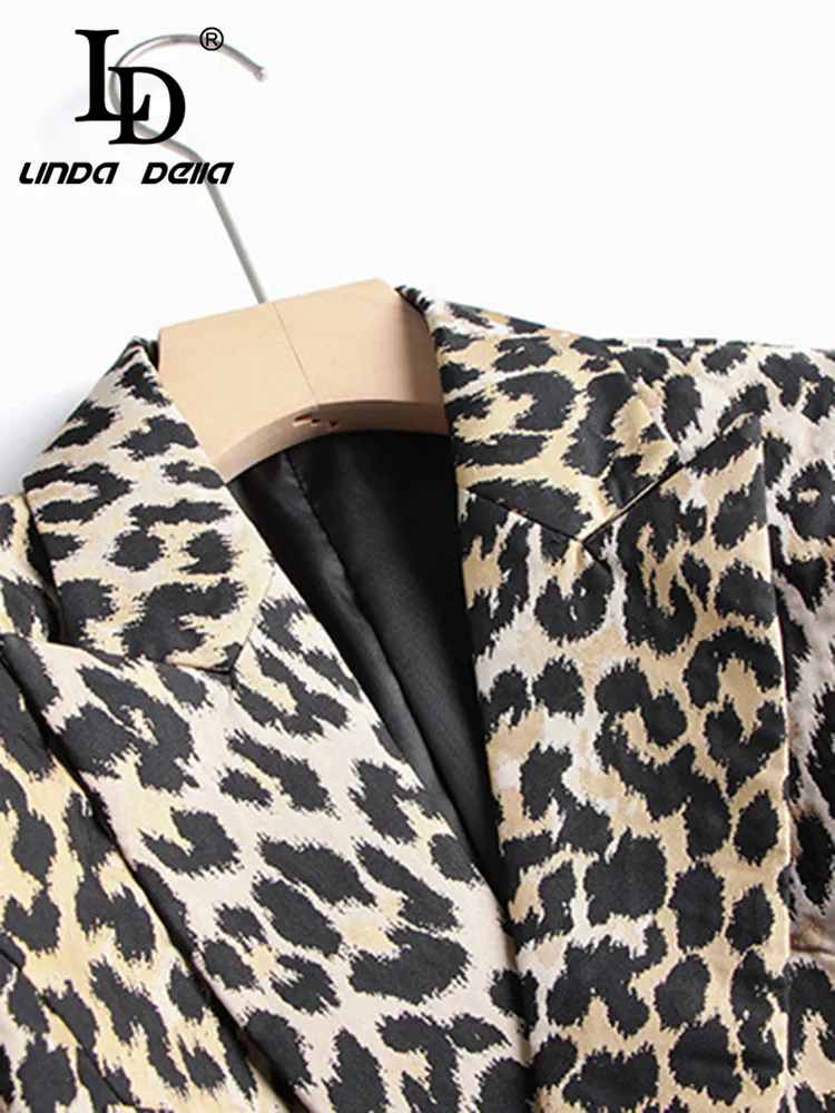 LD LINDA DELLA Autumn winter Vintage Fashion Coat Women long sleeve Leopard Print Double-breasted Intersect Slim Fit Travel Coat