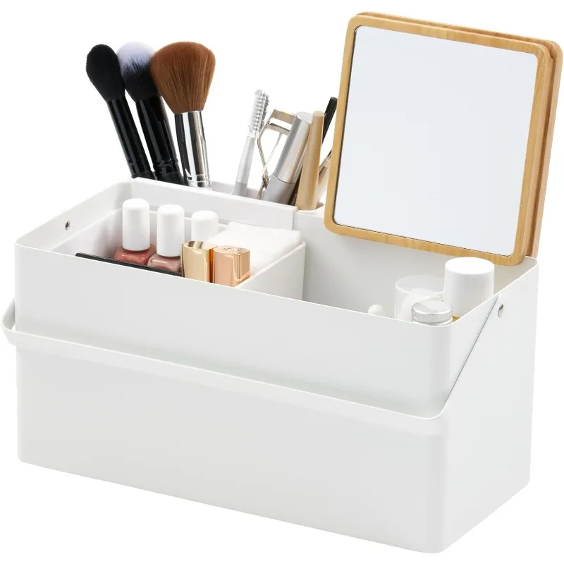 

Home Tower Large Makeup Organizer Cosmetic Caddy with Handle Vanity Storage Drawer with Lid - Steel + Wood -,White