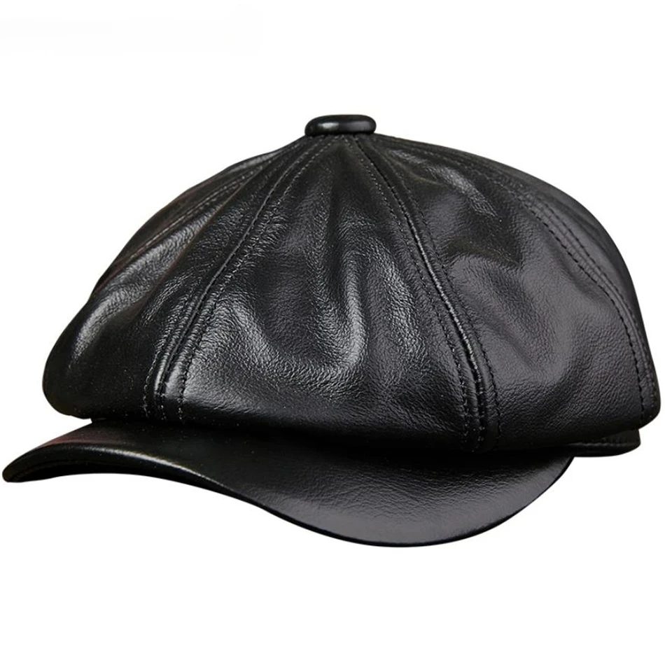 NEWSBOY Black Genuine Leather Newsboy Cap Men Real Leather Winter Hat Vintage High Quality Octagonal Cap Man Flat Cap Cowskin