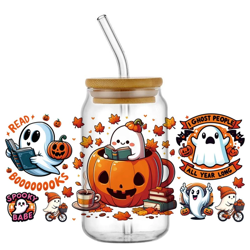 New design Pumpkin Festival ghost pattern UV DTF Cup Wrap Transfer Waterproof Stickers for 16OZ Tumbler coffee cup decoration