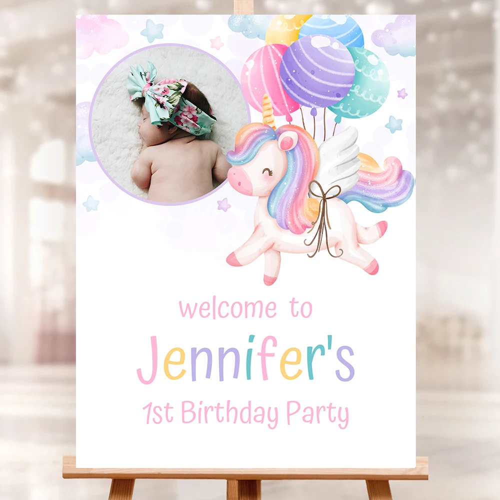 

Custom Unicorn Birthday Welcome Sign Poster With Photo Pink Rainbow Personalized Art Print Girl Magical Wall Picture Party Decor