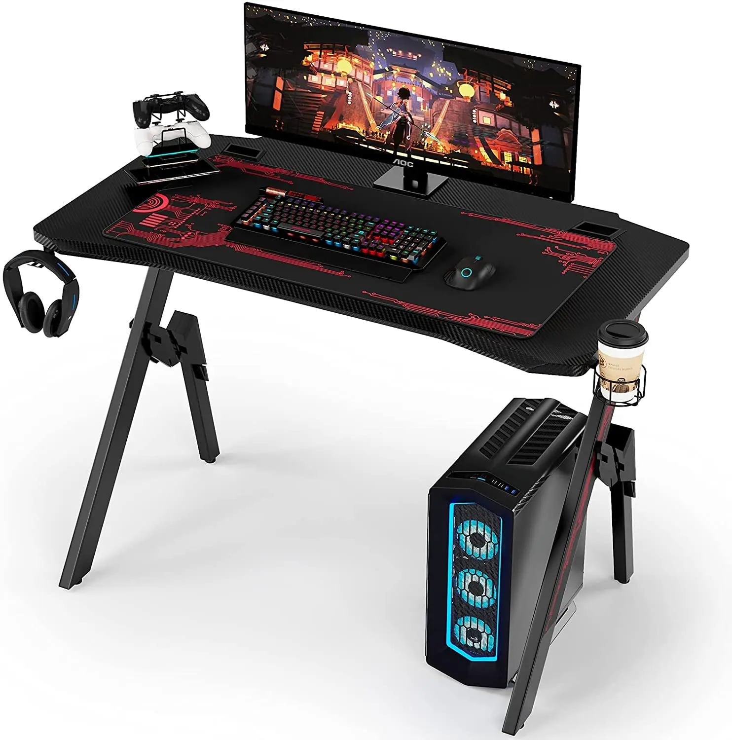 

Homfa Gaming Table Ergonomic Computer Desk K-Shaped Gaming Desk with Mouse Pad, Cup Holder, Controller Stand Headphone Hook