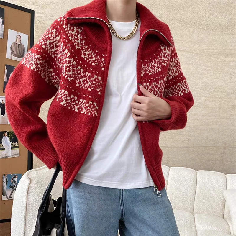 

Fashion Vintage Turn-down Collar Women's Cardigan Elegant Long Sleeve Knit Sweater Casual Loose Knitted Top Zipper Knitwear