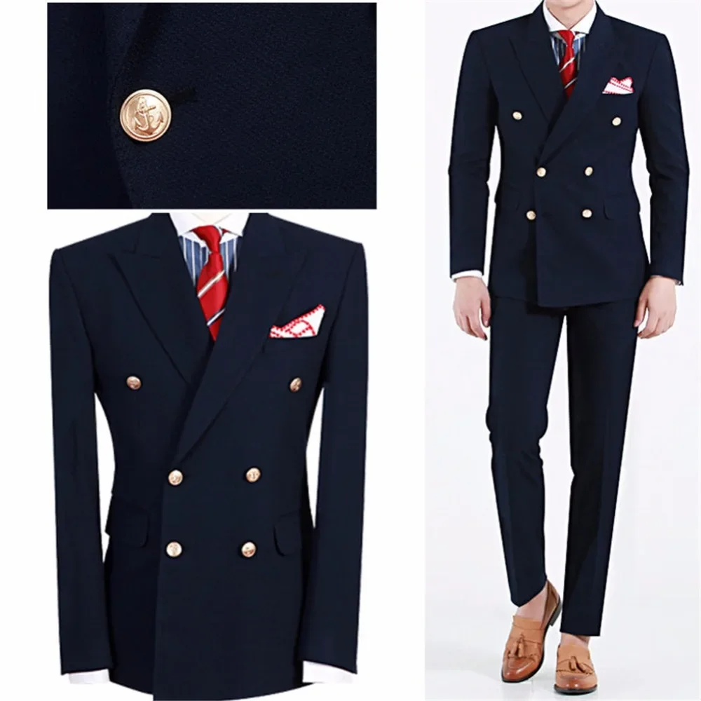 

Navy Blue Double Breasted Peak Lapel Gentlemen Handsome Male Clothing Skinny 2 Piece Jacket Pants Slim Fit Wedding Costume Set