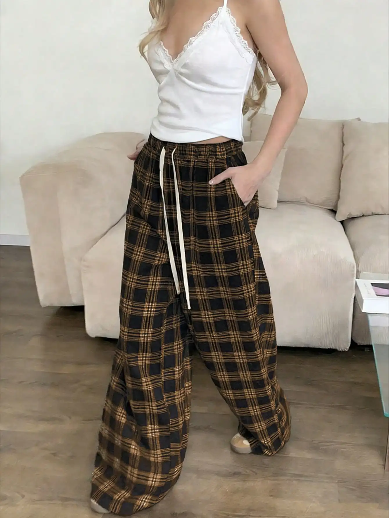 Plaid Pants for Women, High Waist Drawstring Wide Leg Trousers Straight Leg Pants Summer Fashion Casual Streetwear Lounge Pants