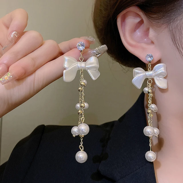 Luxury Women s Long Pearl Earrings Elegant Aesthetic Korean Trend Tassel Hanging Ear Jewelry Accessories Bow Fairy Holiday Gift AliExpress