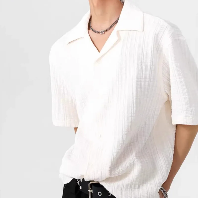 

Men's Cuban Collar Textured Short Sleeve Shirt Loose Casual Summer Top