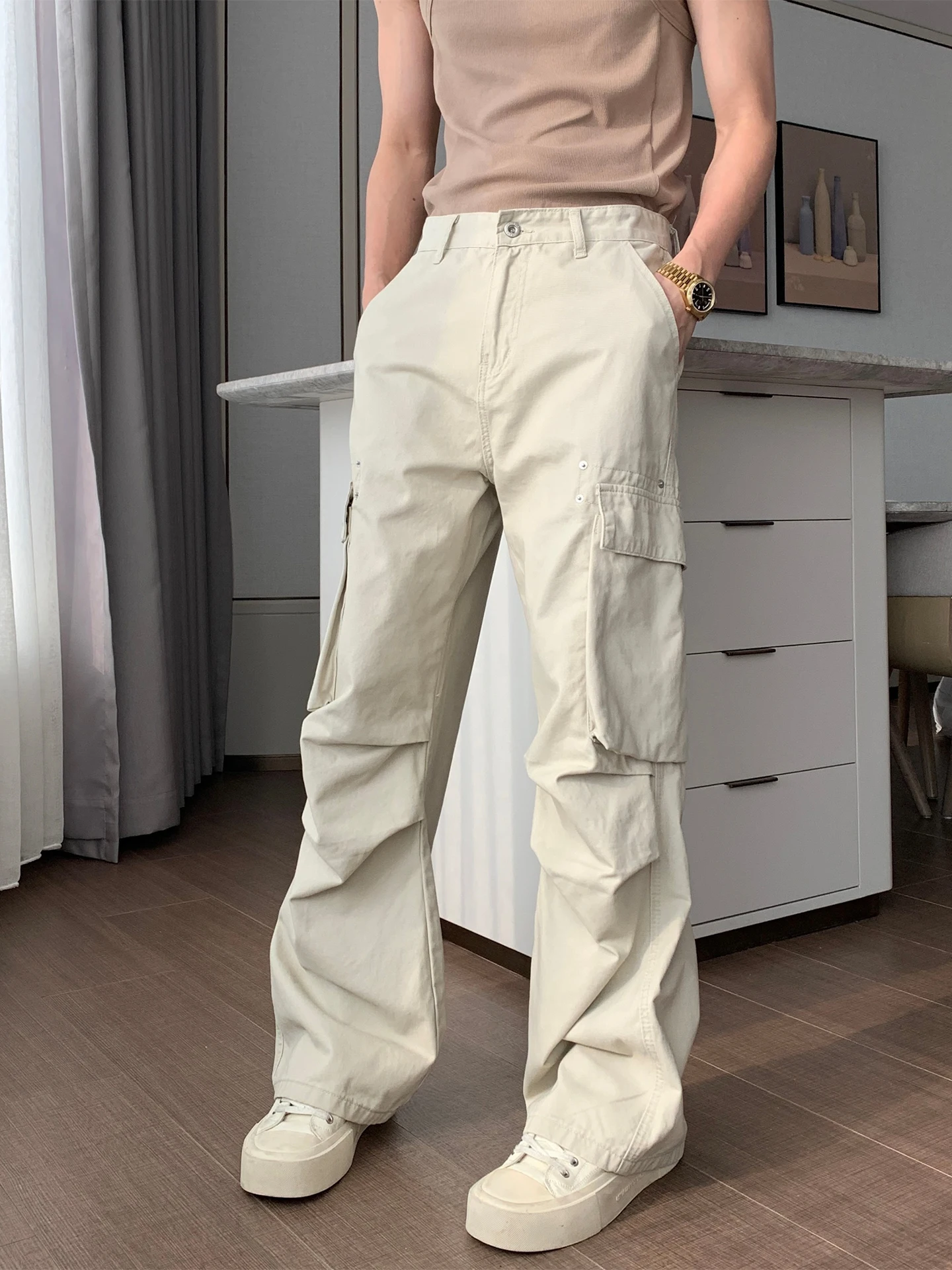 

Hualun мужские джинсовые джинсы с завязками из чистого хлопка, рабочая одежда, модные прямые брюки, свободный крой, летние повседневные молодежные джинсы со средней высокой талией