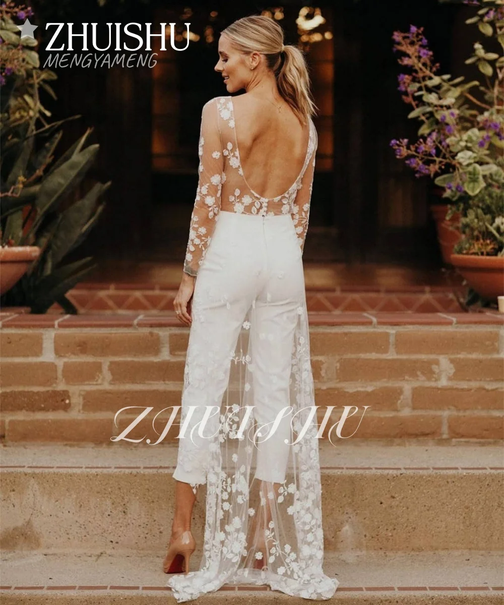 Sexy Open Back Wedding Pant Suits For Brides Applique Lace Long Sleeves Wedding Jumpsuits Women Elegant Formal Dress customized