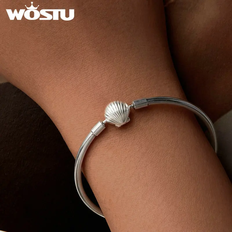 WOSTU 925 Sterling Silver Shell Basic Bangle bracciale per le donne Ocean Shell Style bracciali Fit Charms fai da te regalo di gioielli per le