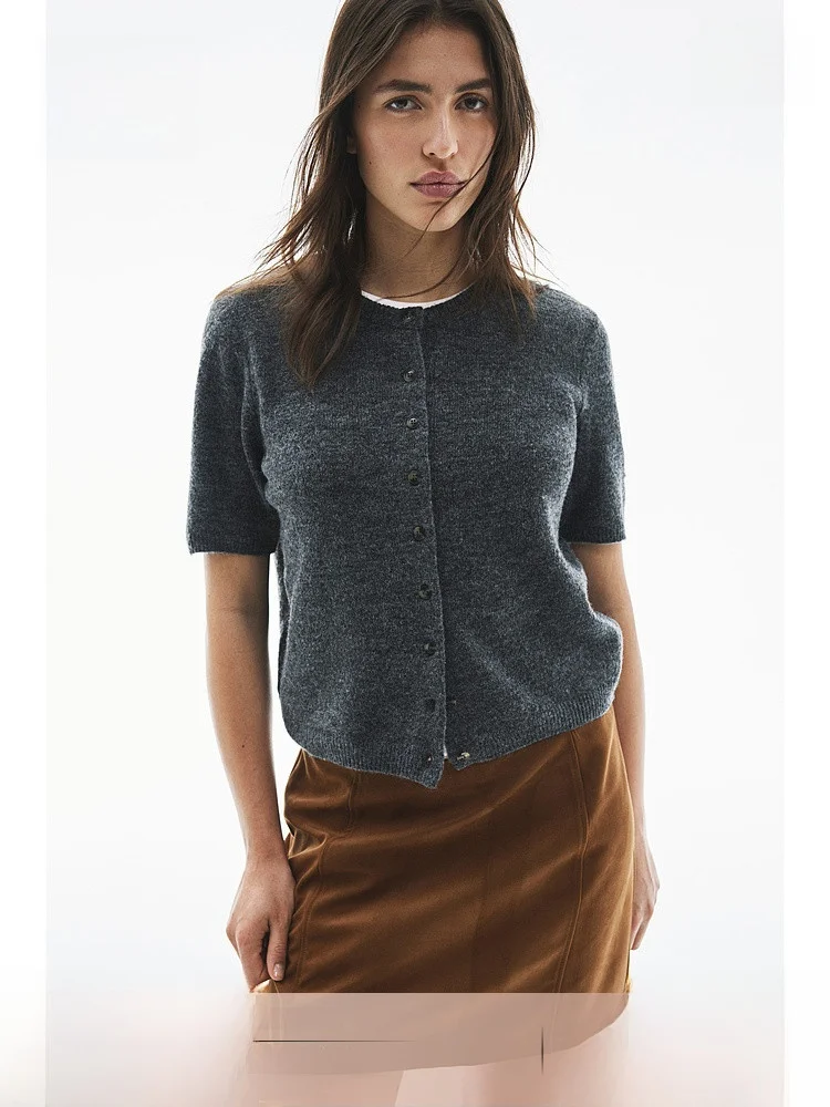 

H&M Women's Knitted ort Sve Cardigan round Ne Ribbed Slim Fit Autumn Faion Polyester Acrylic Wool Spandex Blend