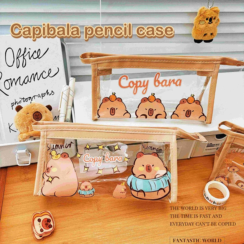 Portable Fashion Pencil Bag Cute Cartoon Capybara Large Capacity Stationery Storage Bag Transparent Zipper Students Pencil Case