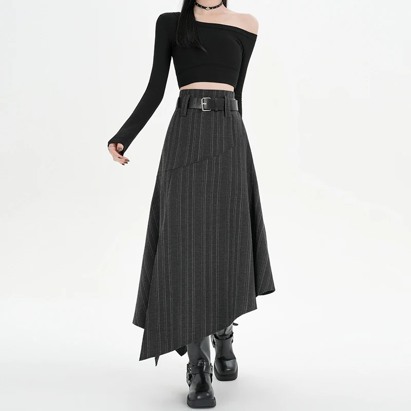 

Полосатая юбка нестандартной формы с высокой талией, женская юбка-миди трапециевидной формы с поясом, универсальная осенне-зимняя новая корейская мода Streetwaer