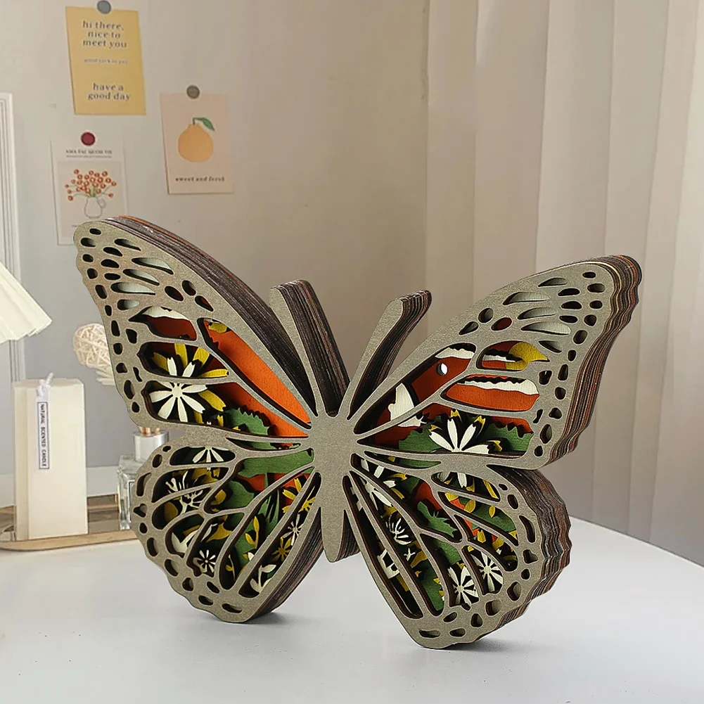 

Wood Carving Butterfly Crafts DIY Creative Nightlight Home Table Decoration Multi-layer Carved Wooden Decorative Figurines