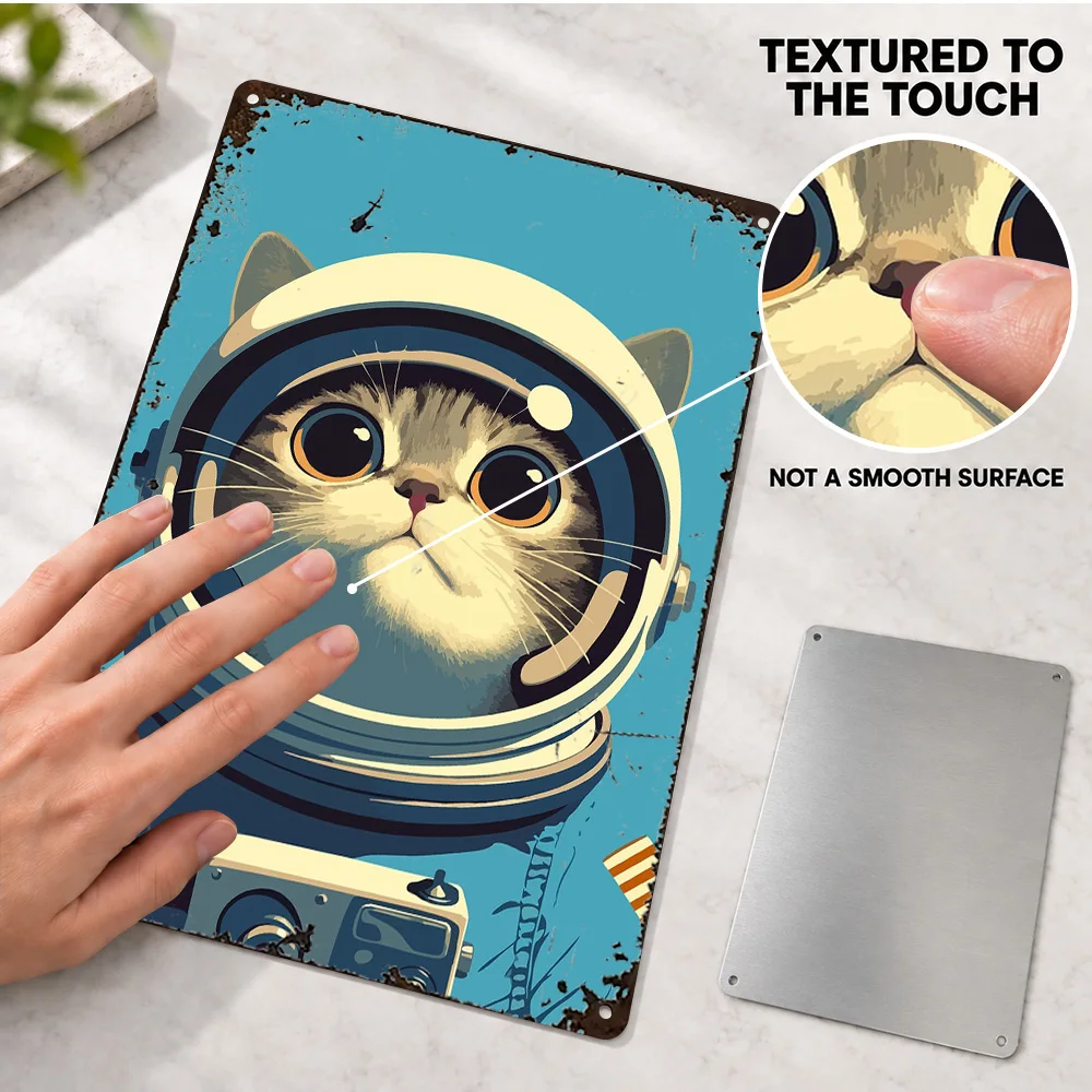 Cute Curious Cat Astronaut Minimalist Textured Metal Poster Bold Design Studio Wall Art Personalized Aluminum Sign Unique Gift