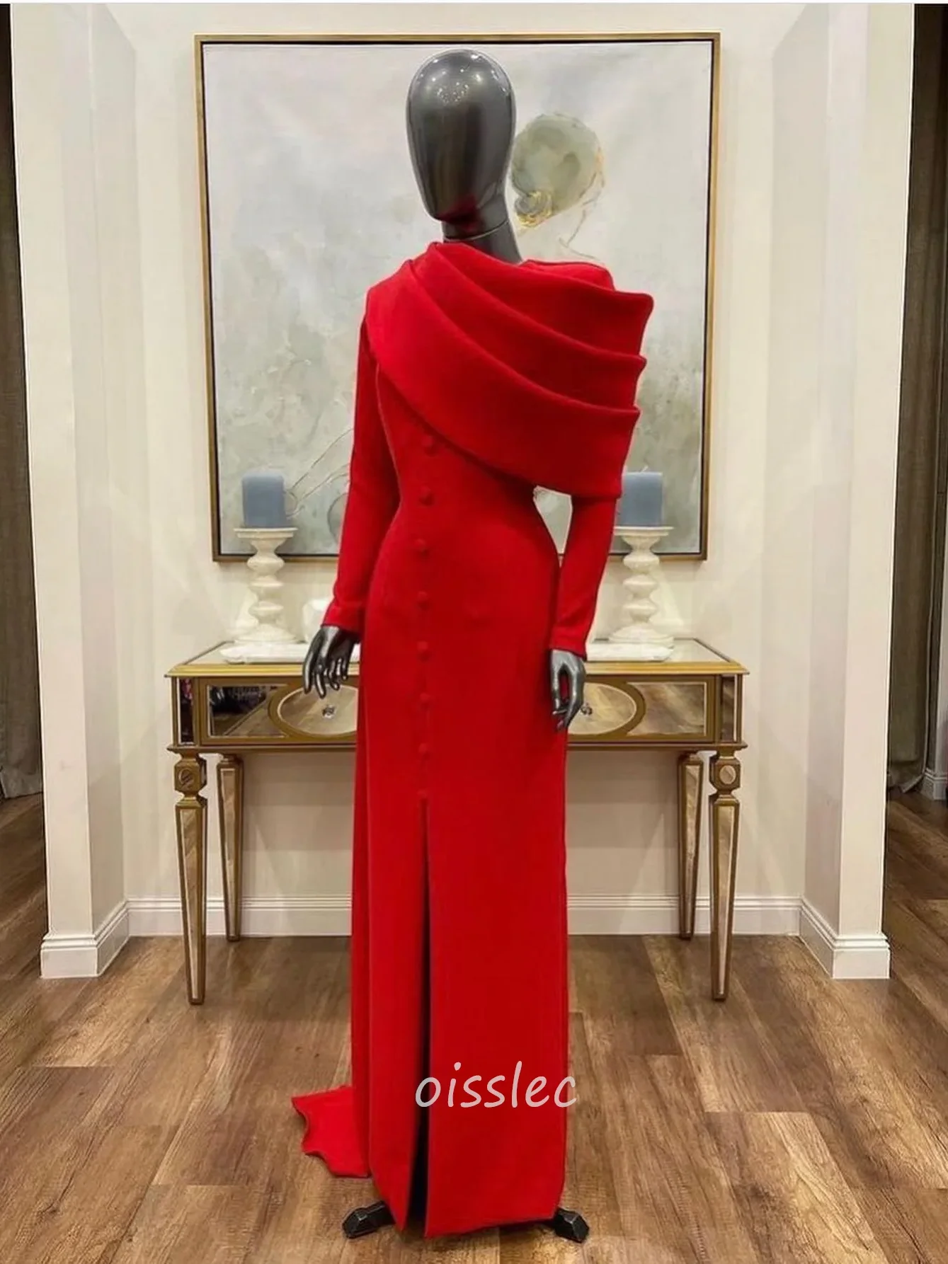 Oisslec Red Evening Dress High Neck Ruffled Prom Dress Wedding Evening Party Dress Sweep Train Special Occasions Dress 2024