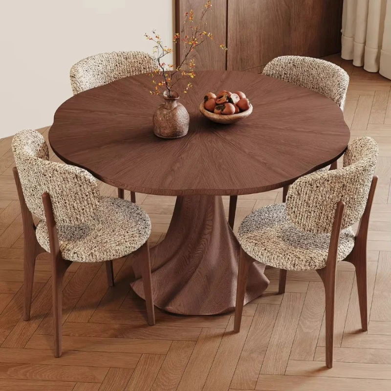 

All solid wood walnut round dining table and chair combination 6-seat hotel apartment living room dining table and chair set