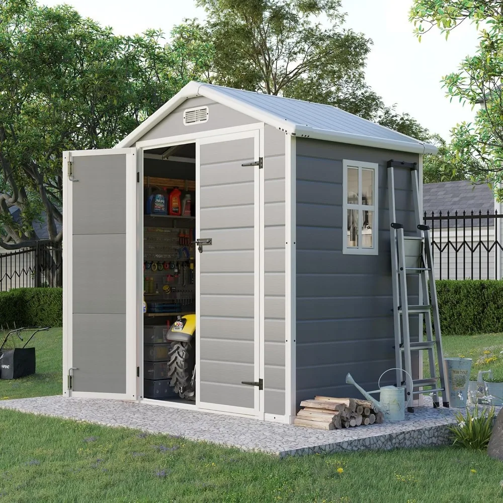 

Resin Storage Shed with Flooring, Tool Shed with Windows and Stainless Steel Core, External Storage Shed, 5.5x4.4 Feet