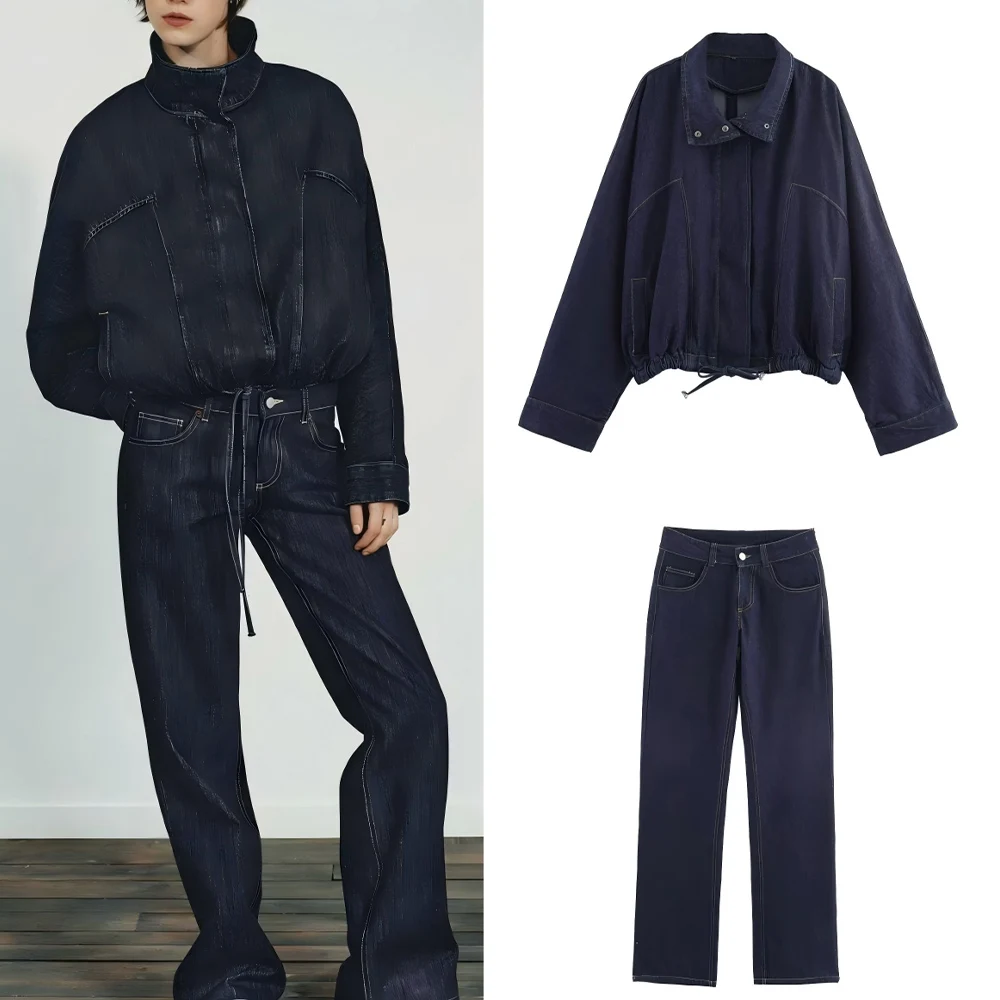

Women's New Fashion with Drawstring Loose Zipper Denim Jacket Coat Retro Bat Sleeve Women's Coat chic Top+Jeans suit
