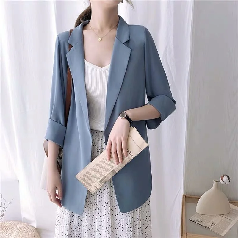 Women Summer Korean New Chiffon Small Suit Commuting Fashion Solid Loose Leisure Breathable Sunscreen Versatile 3/4 Sleeve Tops