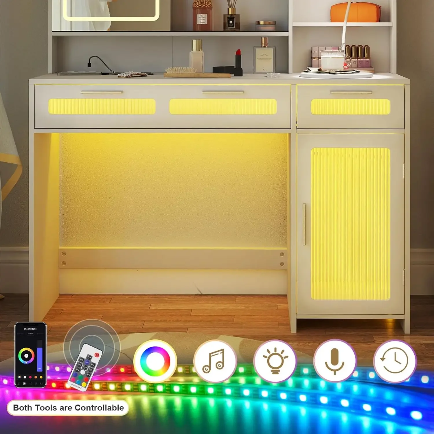 مكتب زينة أبيض مع مرآة وأضواء، مخرج طاقة LED، زينة مكياج مع درجين، 10 أرفف تخزين