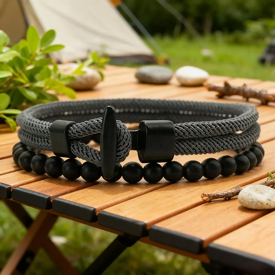 Unique Anchor 2Pcs Man Bracelet Set Apparel Accessories 6mm Grade A Stone Handmade Bilayer String Braslet Adventure Homme Joias