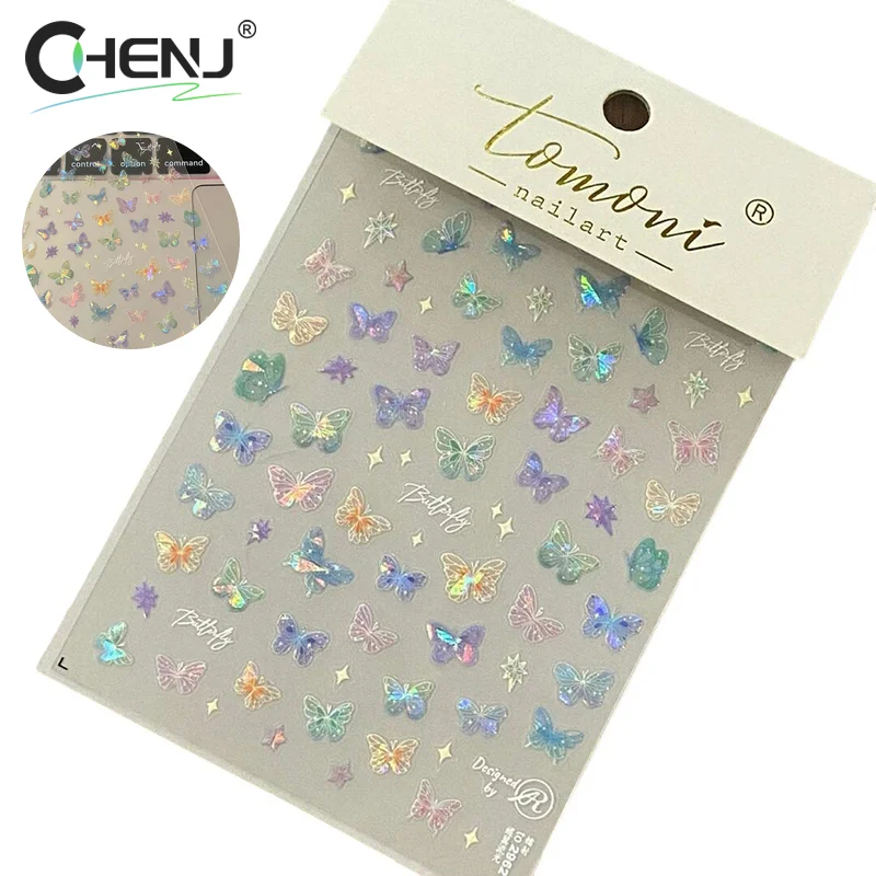 1PCFashion Delicate Butterfly Wing Streamer Laser Stickers Advanced Embossed Nail Art Stickers Colorful Butterfly Fairy Stickers