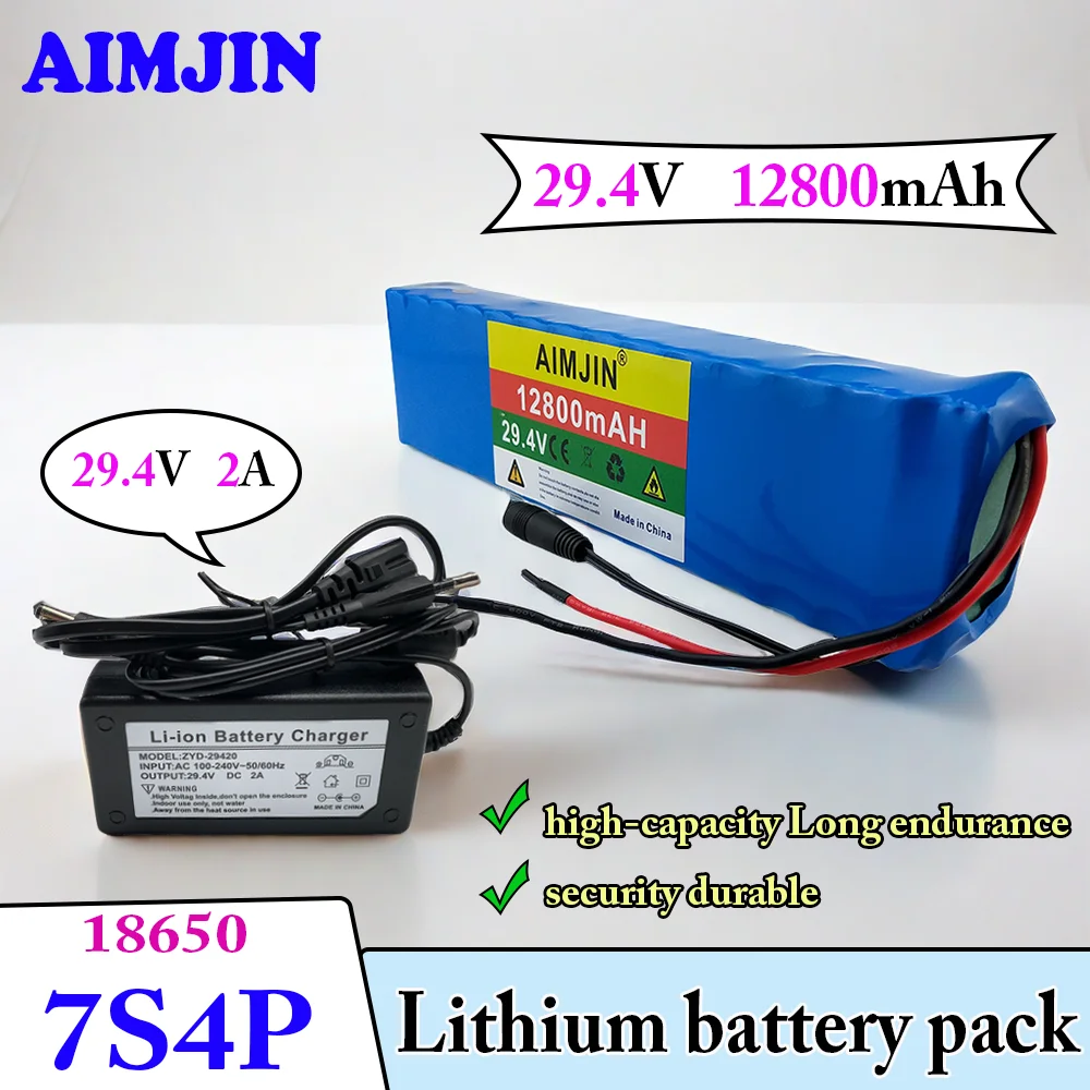 

New 7S4P 12800mAh 29.4V 18650 BatteryPack Rechargeable Li-ion Battery with BMS for Electric Bike Scooter Balance Bike Wheelchair