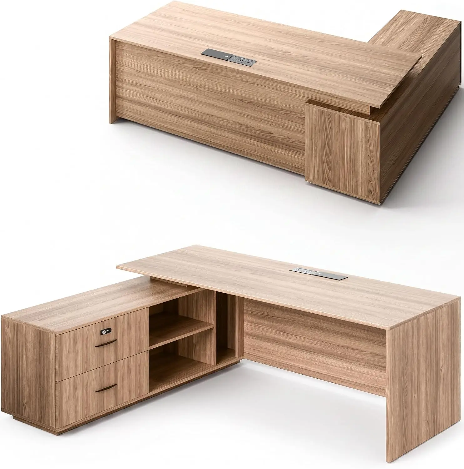 63 Inch L Shaped Executive Desk Storage Drawers File Cabinet AC USB Ports Privacy Panel Thickened Desktop Home Office Use