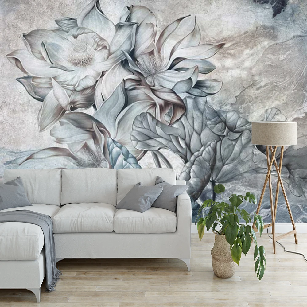 Custom 3D Self-adhesive Mural Retro Hand Painted Lotus Decoration Background Wallpaper